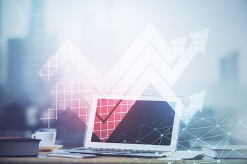 Computer on desktop with point up arrows hologram. Double exposure. Concept of success.