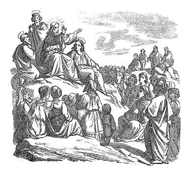 Vintage drawing or engraving of biblical story of Jesus teaching the crowd, sermon on the mount. Bible, New Testament,Mathew 5. Biblische Geschichte , Germany 1859.