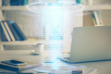 Technology theme drawing and work space with computer. Multi exposure. Concept of innovation.