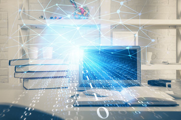 Technology theme drawing and work space with computer. Multi exposure. Concept of innovation.