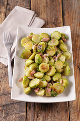 roasted brussels sprouts with bacon and cutlery