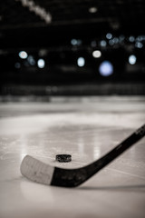 Hokej na lodzie, hokeista gra, odbicie krążka - obrazy, fototapety, plakaty