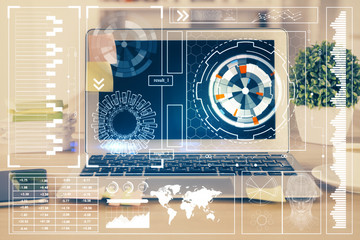 Technology theme drawing and table with computer. Double exposure. Concept of information.