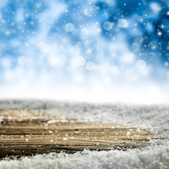 Desk of free space for your decoration cover of snowflakes and winter landscape of mountains. 