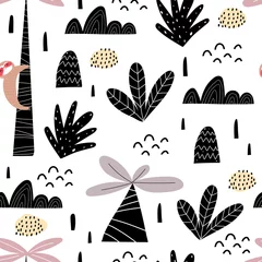 Wallpaper murals Sloths Seamless pattern with cartoon sloths, palm trees, decor elements. Flat style, colorful vector for kids. Hand drawing, animals. baby design for fabric, print, wrapper, textile
