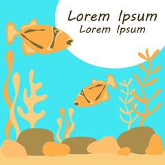 Naklejka premium Vector underwater world. Silhouette of fish and algae. Ocean, river or aquarium . Nature, animals, plants. Space for your text.