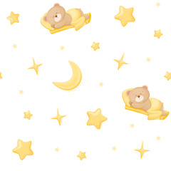 Cute cartoon bear infant sleeping under the yellow blanket. Moon and stars on white background. Vector illustration. Seamless pattern for kids textile, clothes, wallpaper or package design.