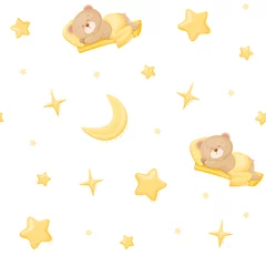 Foto op Plexiglas Schattige cartoon beer baby slapen onder de gele deken. Maan en sterren op witte achtergrond. Vector illustratie. Naadloze patroon voor kinderen textiel, kleding, behang of pakketontwerp. © Marina