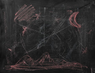 Black chalkboard, blackboard with chalk stains and scribbles background and texture