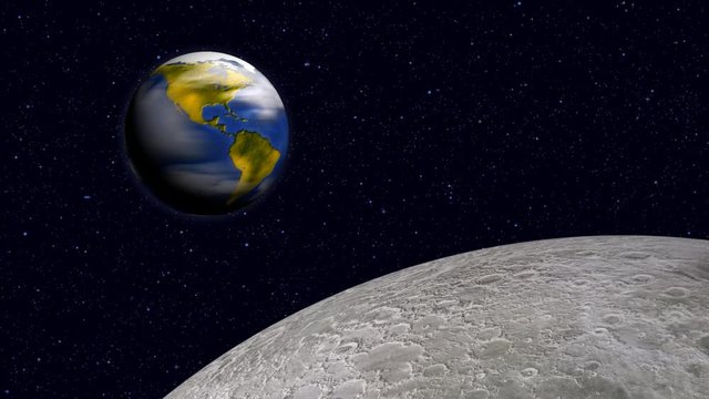 View from the Moon surface to the rotating Earth, 3D render educational footage