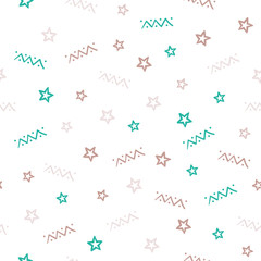 Simple linear hand drawn pattern with stars and zigzag elements. Brown and emerald color. Vector seamless illustration on white background.