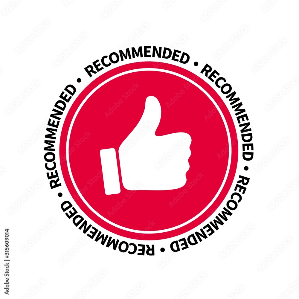 Poster badge recommended with thumb up. flat vector illustration.