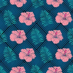 Tuinposter Hibiscus and palm leaf seamless pattern on rhombus black green background © Elinnet