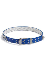 Subject shot of a blue snake skin belt with textured surface and decorated with solid buckle and a great number of rhinestones. The stylish belt is isolated on the white background.