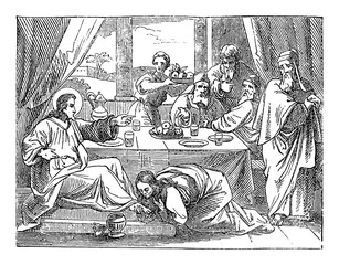 Vintage drawing or engraving of biblical story of sinful woman washing and kissing Jesus feet.Bible, New Testament,Luke 7. Biblische Geschichte , Germany 1859.