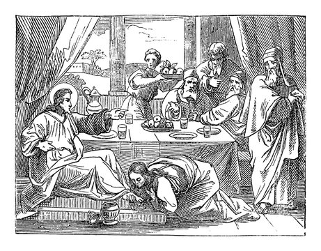 Vintage drawing or engraving of biblical story of sinful woman washing and kissing Jesus feet.Bible, New Testament,Luke 7. Biblische Geschichte , Germany 1859.