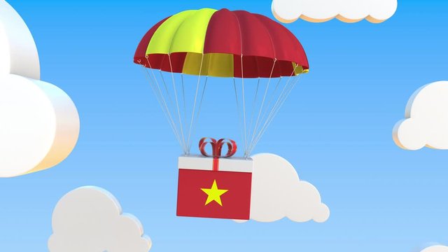 Box with national flag of Vietnam falls with a parachute. Loopable conceptual 3D animation