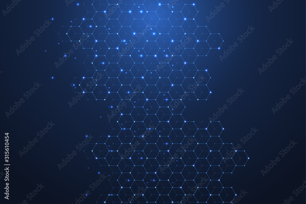 Aufkleber Technology abstract lines and dots connect background with hexagons. Hexagons connection digital data and big data concept. Hex digital data visualization. Vector illustration.