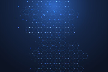 Technology abstract lines and dots connect background with hexagons. Hexagons connection digital data and big data concept. Hex digital data visualization. Vector illustration. - obrazy, fototapety, plakaty