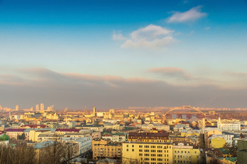 View from mountain of Dnieper river and the old city Kiev at sunset