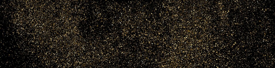 Gold Glitter Texture Isolated On Black. Amber Particles Color. Celebratory Panoramic Background. Golden Explosion Of Confetti. Long Horizontal Banner. Vector Illustration, Eps 10.