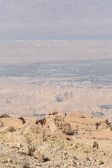 View of the Dead Sea. Al Karak Fortress in Jordan. The ruins of the castle located on a high slope.