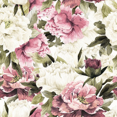 Seamless floral pattern with peonies, watercolor. - 315611818