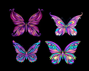 Hand drawn butterfly in bright neon colors. Han drawing design for t-shirt print or tattoo. Isolated vector illustration.