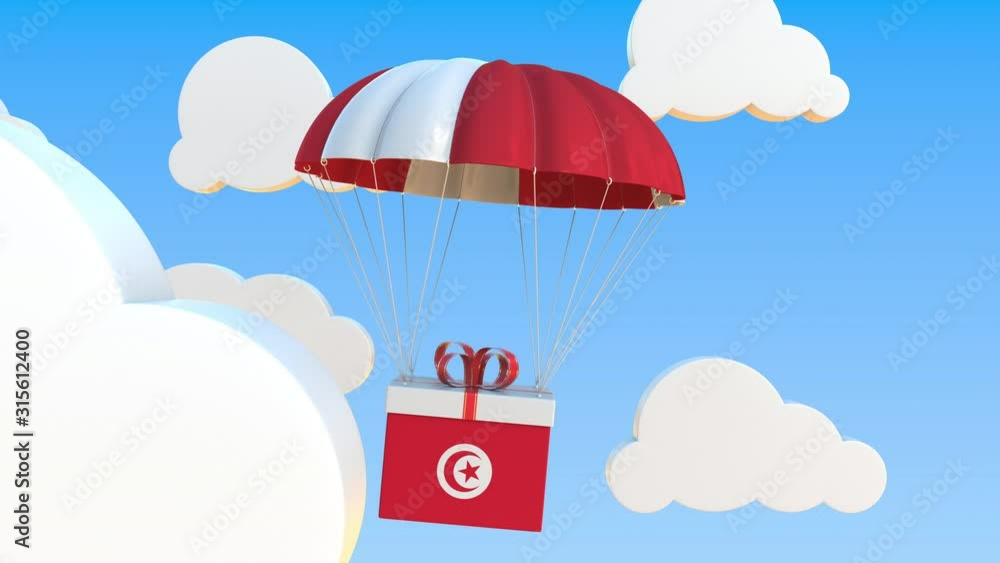 Poster carton with flag of tunisia falls with a parachute. loopable conceptual 3d animation
