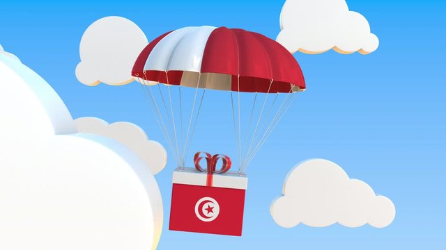 Carton with flag of Tunisia falls with a parachute. Loopable conceptual 3D animation