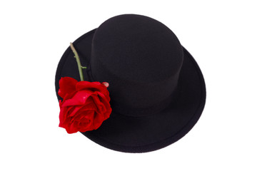 Black hat with bright red roses, perfect for Valentine's Day
