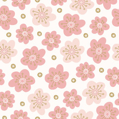 Scandinavian seamless pattern with pink flowers and blossoms