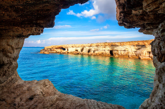 Sea cave near Cape Greko(Capo Greco) of Ayia Napa and Protaras on Cyprus island, Mediterranean Sea.