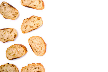 Frame of pieces of white bread isolated on white background. Flat lay, top view. Copy space for your text.