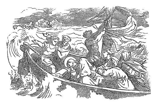 Vintage drawing or engraving of biblical story of sleeping Jesus woke up and calms the storm over the lake. Bible,New Testament,Luke 8. Biblische Geschichte , Germany 1859.