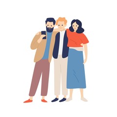 Fototapeta premium Group of friends hugging taking selfie using smartphone vector flat illustration