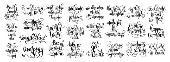 set of 25 travel positive quotes, motivation and inspiration discover adventure hand lettering text