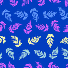 Seamless Floral Vector Pattern with colorful leaves, color Pantone 2020 Classic Blue for fabric, decoration, textile, print