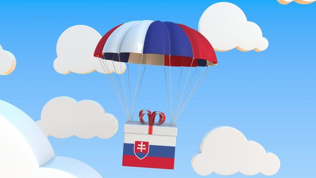 Carton with flag of Slovakia falls with a parachute. Loopable conceptual 3D animation