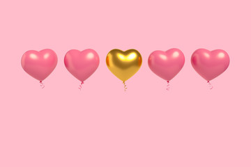 Fototapeta na wymiar Pink and gold Heart balloon floating on pink background. Minimal idea concept. 3d render