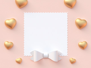 Happy valentines day greetings card design with golden heart flying balloon and hearts decorations in pink pastel background. Minimal flat lay. Weeding design elements. 3d render