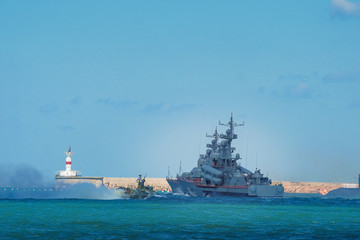 Sevastopol, Crimea, Russia 07.29.2017. Warships in army exercises in the Black Sea.