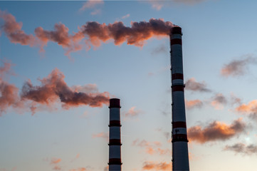 smoke from the CHP pipes. Thermal power station at sunset.