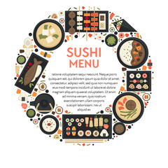 Sushi menu banner with Japanese cuisine icons set in circle
