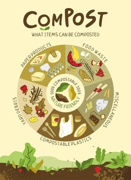 Informative Poster About The Correct Composting. Food Waste, Plastic, Yard Debris Hand Drawn In A Circular Diagram. Concept Banner About Ways To Save The Planet From Garbage. Flat Vector Illustration.