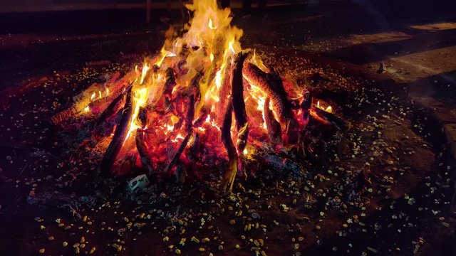 Giant bon fire lit for the festival of Lohri