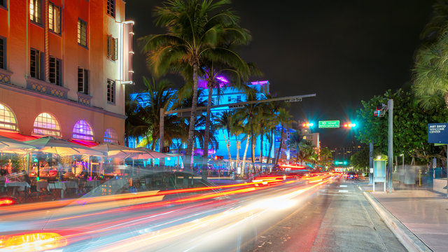 Nightlife in Miami Beach, hotels and restaurants at night in  Ocean Drive, Miami Beach, Florida