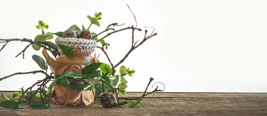 Easter zero waste, environmentally eco friendly packaging craft for eggs handmade, gift basket, cozy religious holiday Easter, environmental concept eco friendly banner decor