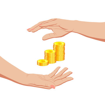 Two female hands around gold dollar coins. Saving and protection of money, capital and finance