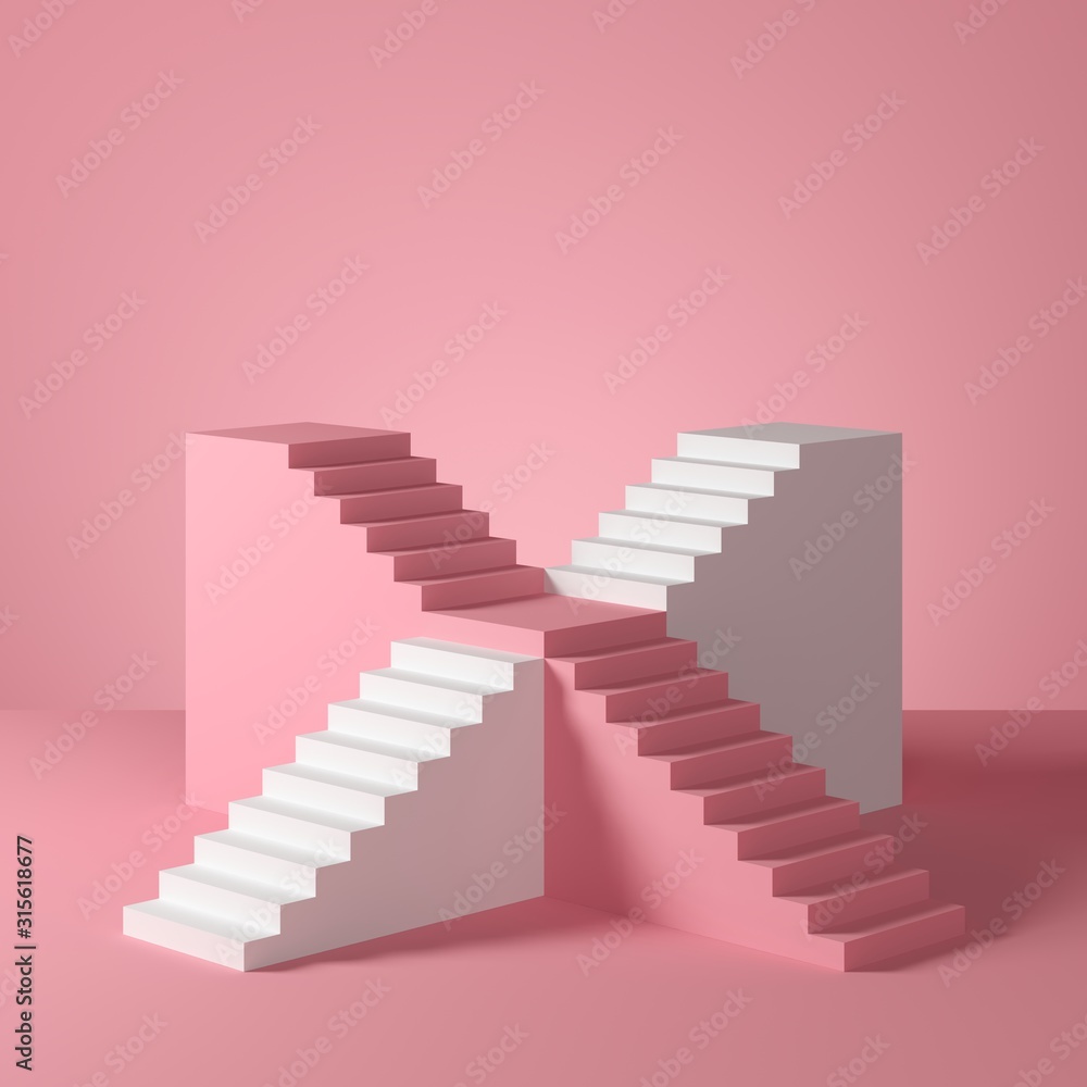 Poster abstract mock up scene. white and pink staircase on pink background. 3d rendering